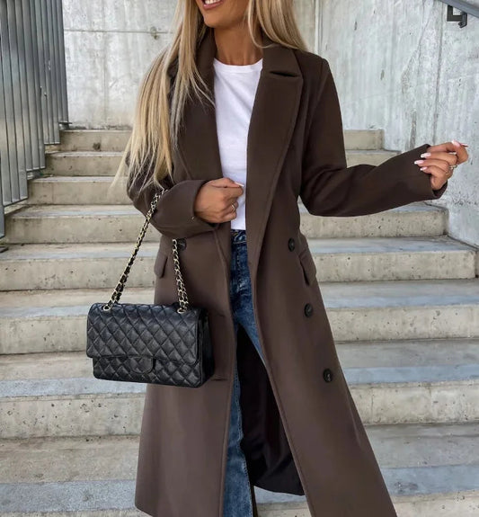 Women's Belted Double-Breasted Stylish Coat for Daily Use Chocolate