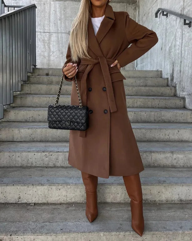 Women's Belted Double-Breasted Stylish Coat for Daily Use