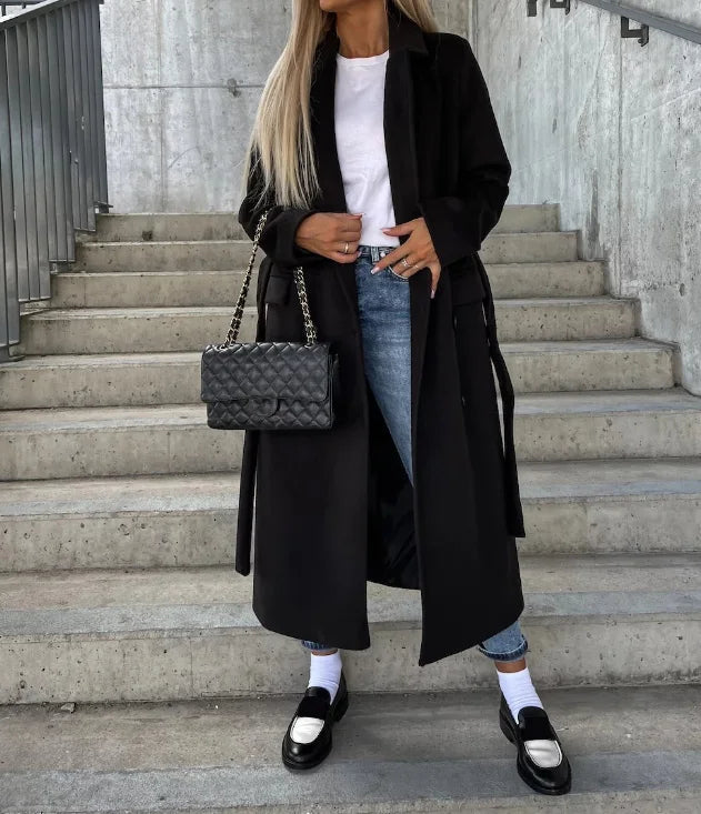 Women's Belted Double-Breasted Stylish Coat for Daily Use Black
