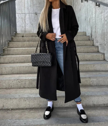 Women's Belted Double-Breasted Stylish Coat for Daily Use Black