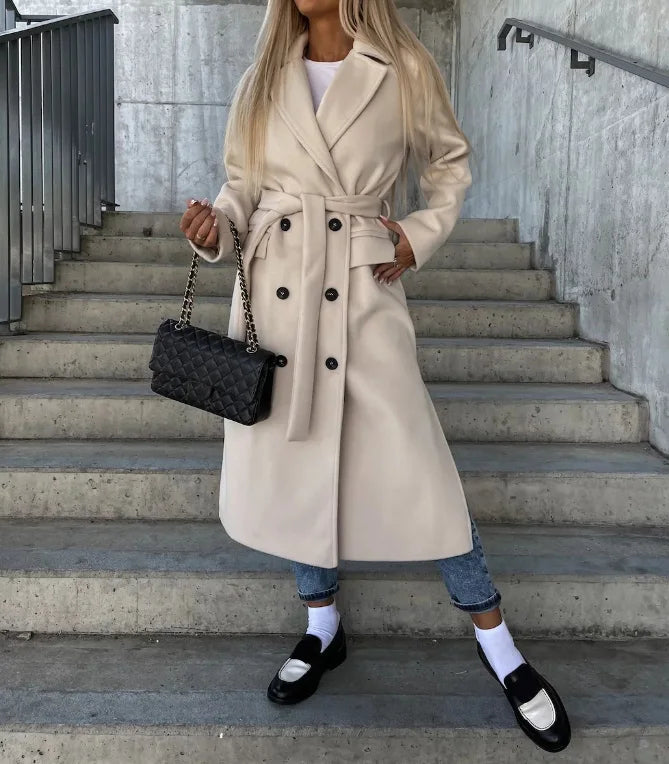 Women's Belted Double-Breasted Stylish Coat for Daily Use Khaki