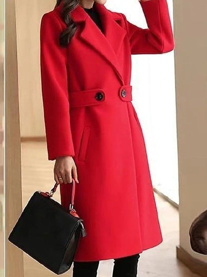 Women's Belted Long Coat for Fall and Winter Everyday Wear Red
