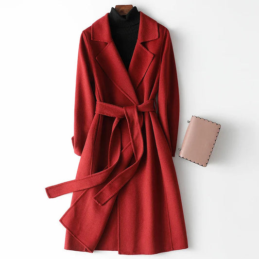 Women's Belted Wrap Coat for Fall and Winter Everyday Wear Red