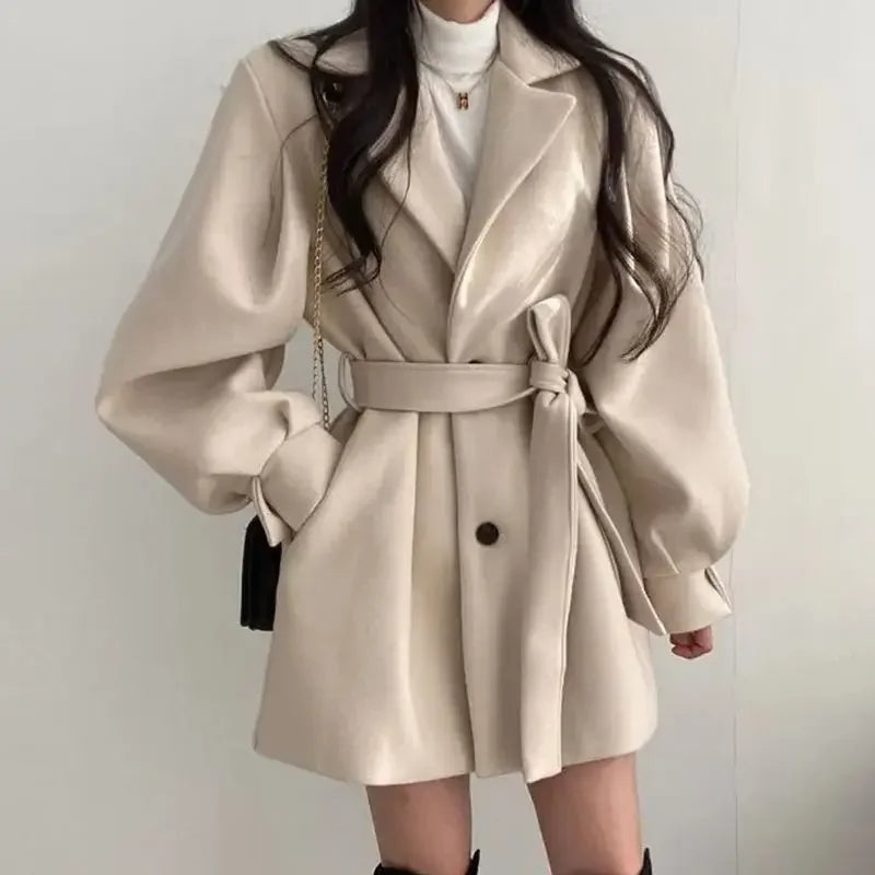 Women's Belted Wrap Mini Coat for Fall and Winter Everyday Wear Beige