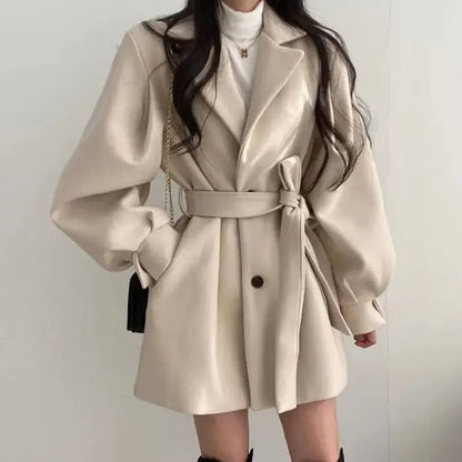 Women's Belted Wrap Mini Coat for Fall and Winter Everyday Wear Beige