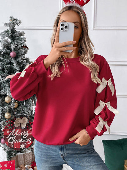 Women's Bow Sleeve Crew Neck Sweater for Fall and Winter Everyday Wear