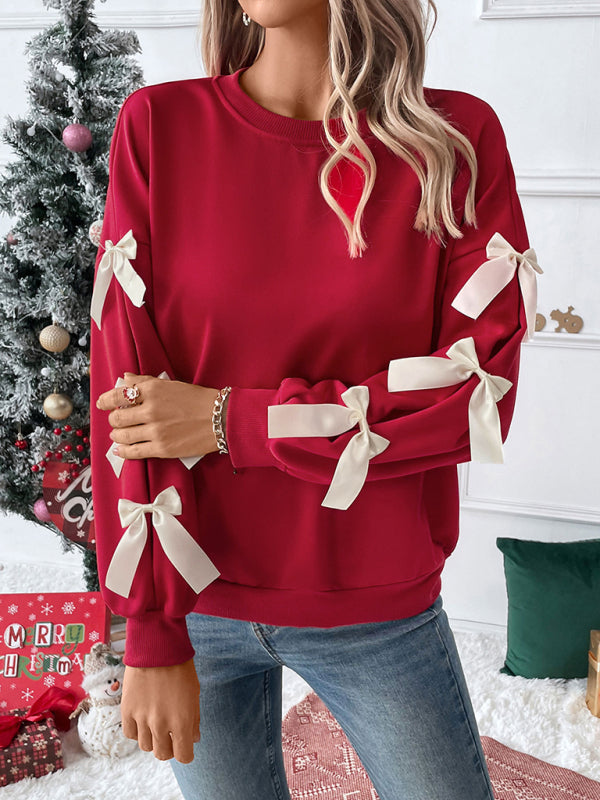 Women's Bow Sleeve Crew Neck Sweater for Fall and Winter Everyday Wear Red