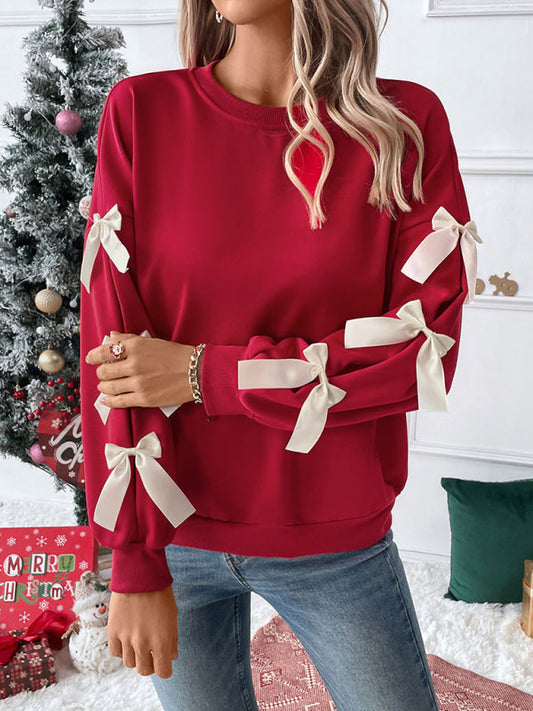 Women's Bow Sleeve Crew Neck Sweater for Fall and Winter Everyday Wear Red