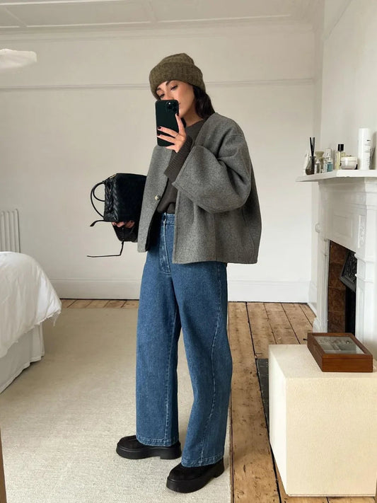 Women's Boxy Oversized Jacket for Fall and Winter Everyday Wear Grey