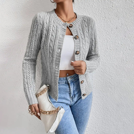 Women's Multi-Color Button-Down Cable Knit Cardigan for Daily Use Warm Gray