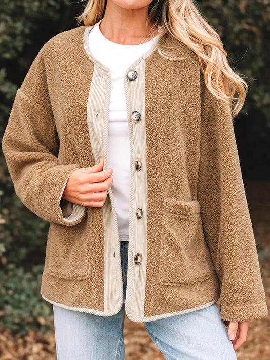 Women's Button-Down Cozy Sherpa Jacket for Daily Use Warm Camel