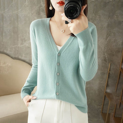 Women's Button-Down Long Sleeve Cardigan for Daily Use Warm Bean Green