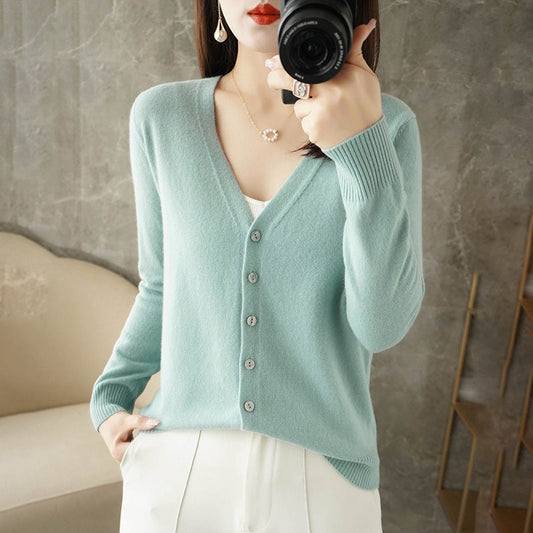 Women's Button-Down Long Sleeve Cardigan for Daily Use Warm Bean Green