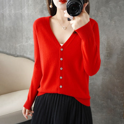 Women's Button-Down Long Sleeve Cardigan for Daily Use Warm Red