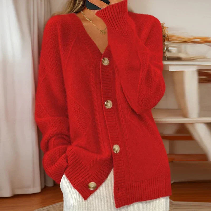 Women's Button-Down V-Neck Cardigan for Fall and Winter Everyday Wear Red