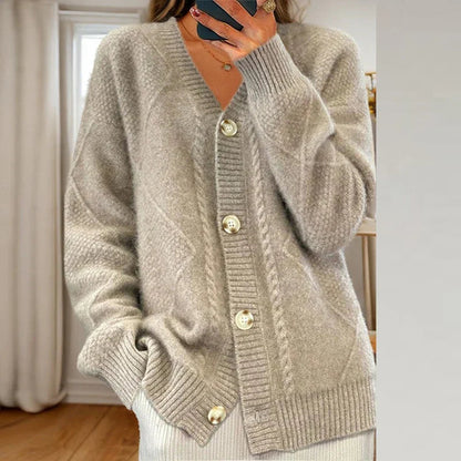 Women's Button-Down V-Neck Cardigan for Fall and Winter Everyday Wear Taupe