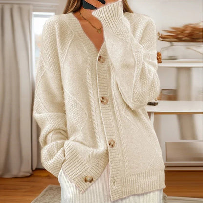 Women's Button-Down V-Neck Cardigan for Fall and Winter Everyday Wear Beige