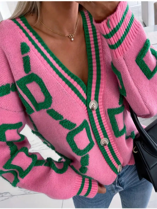 Women's Button-Down V-Neck Long Sleeve Cardigan for Daily Use Pink