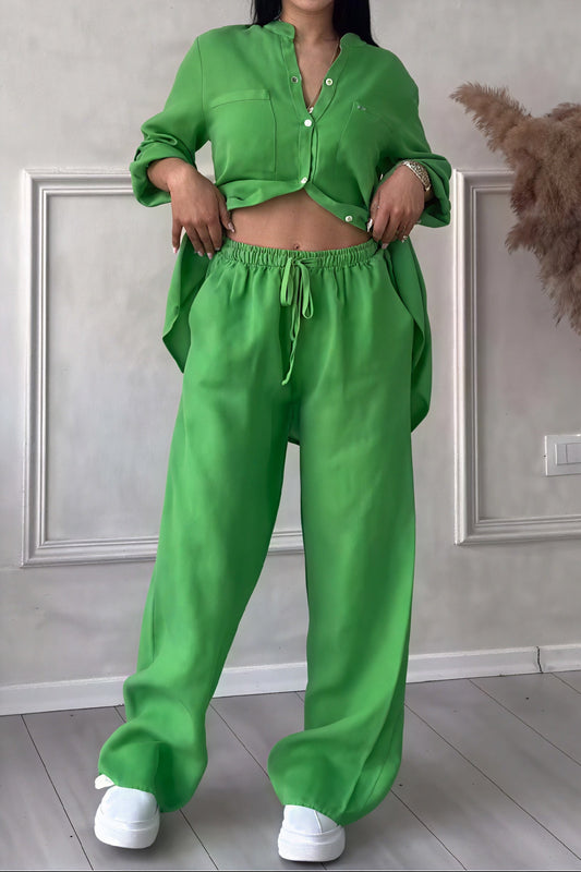 Women's Button-Down Wide Leg Pant Set for Daily Use Warm Green
