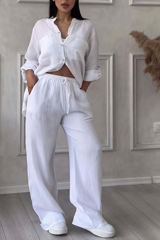 Women's Button-Down Wide Leg Pant Set for Daily Use Warm White