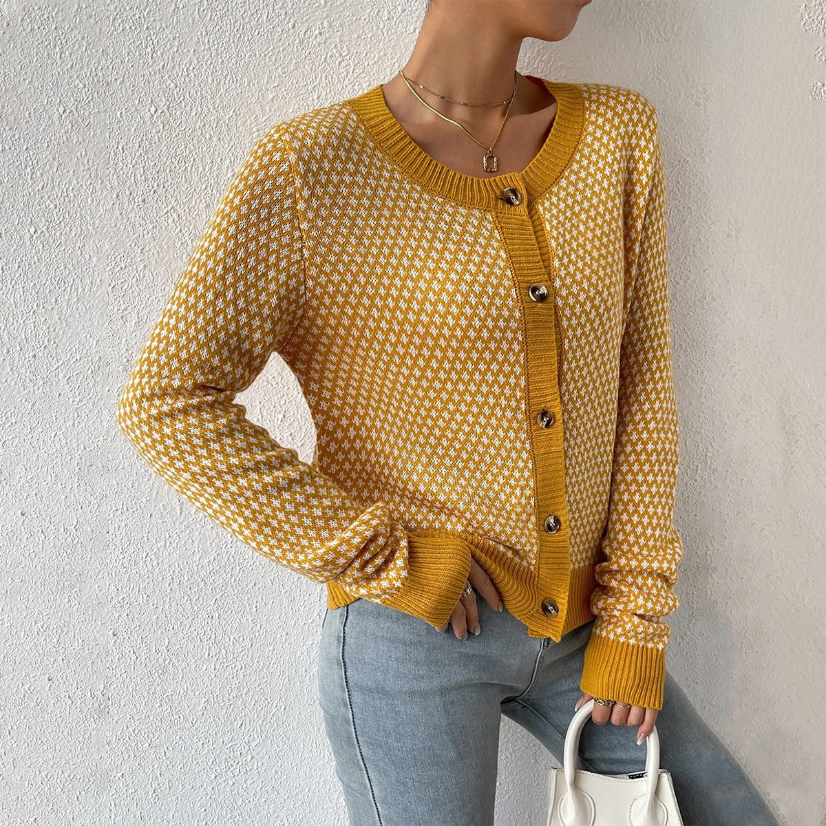 Women's Yellow Button-Front Long Sleeve Cardigan for Everyday Wear
