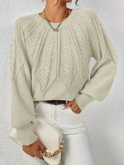 Women's Multi-Color Ribbed Cable Knit Long Sleeve Sweater Khaki