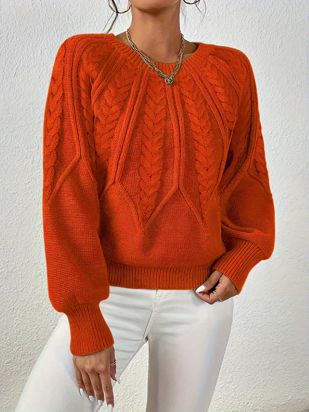 Women's Multi-Color Ribbed Cable Knit Long Sleeve Sweater Orange