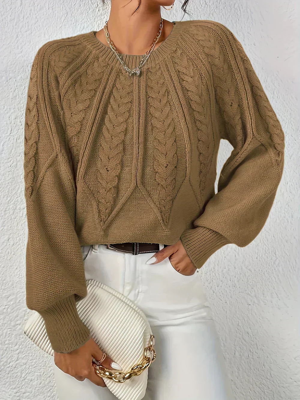 Women's Multi-Color Ribbed Cable Knit Long Sleeve Sweater Brown