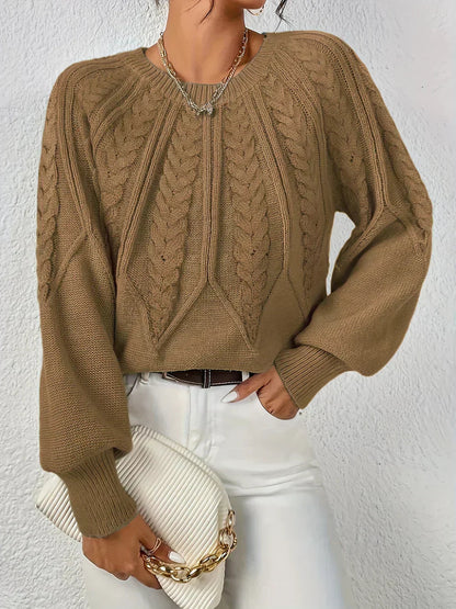 Women's Multi-Color Ribbed Cable Knit Long Sleeve Sweater Brown