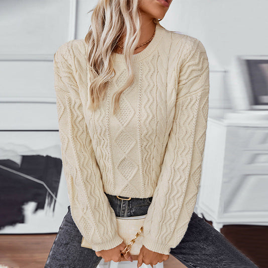 Women's Multi-Color Cable Knit Long Sleeve Sweater for Daily Use Warm White