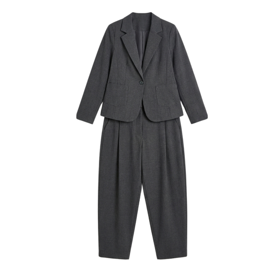 Women's Casual Blazer and Pants Ensemble with Single-button blazer Grey