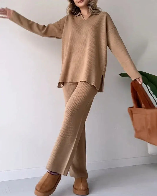 Women's Casual V-Neck Split Knit Two-Piece Outfit for Daily Use Apricot