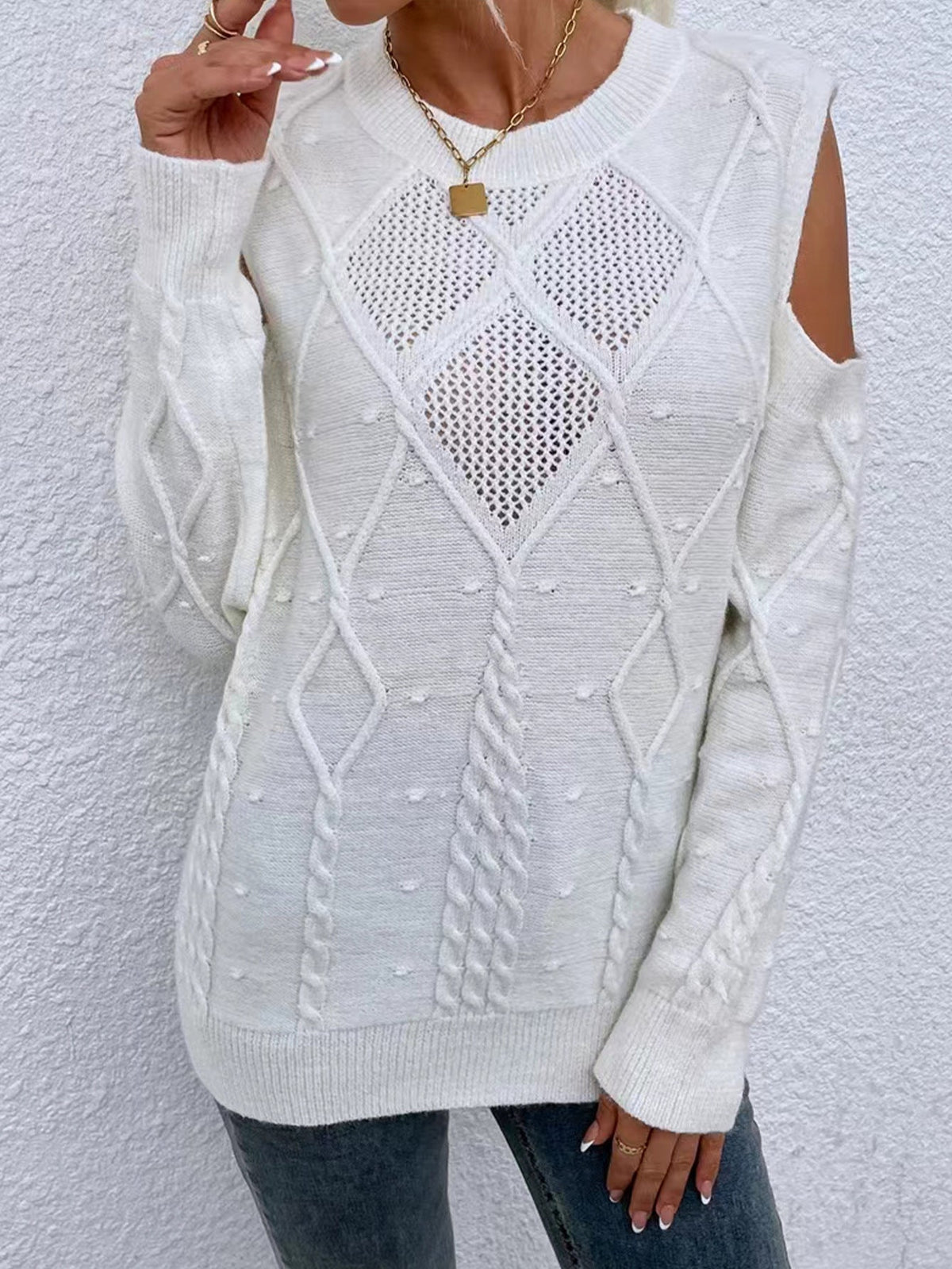 Women's Cold Shoulder Long Sleeve Knit Sweater for Daily Use White