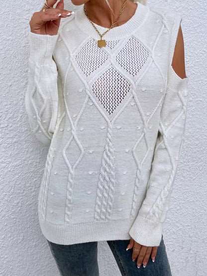 Women's Cold Shoulder Long Sleeve Knit Sweater for Daily Use White