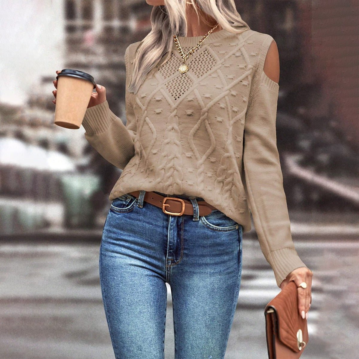 Women's Cold Shoulder Long Sleeve Knit Sweater for Daily Use Khaki