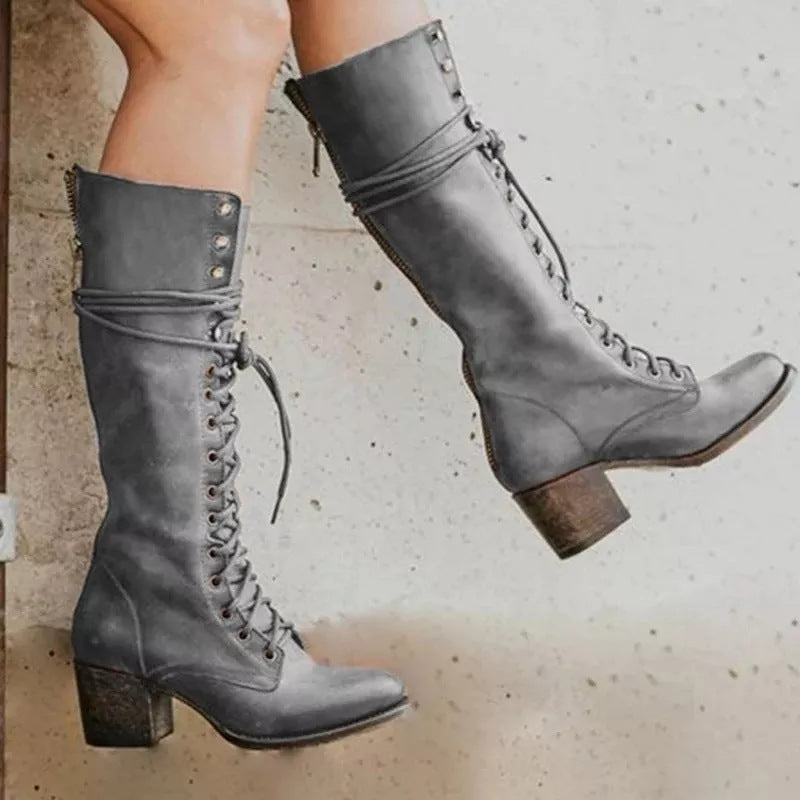 Women's Comfortable Lace-Up Leather Orthopedic Boots for Daily Use Grey