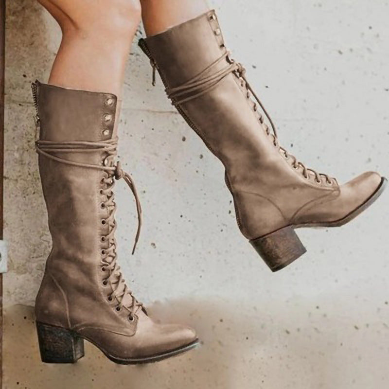 Women's Comfortable Lace-Up Leather Orthopedic Boots for Daily Use Khaki