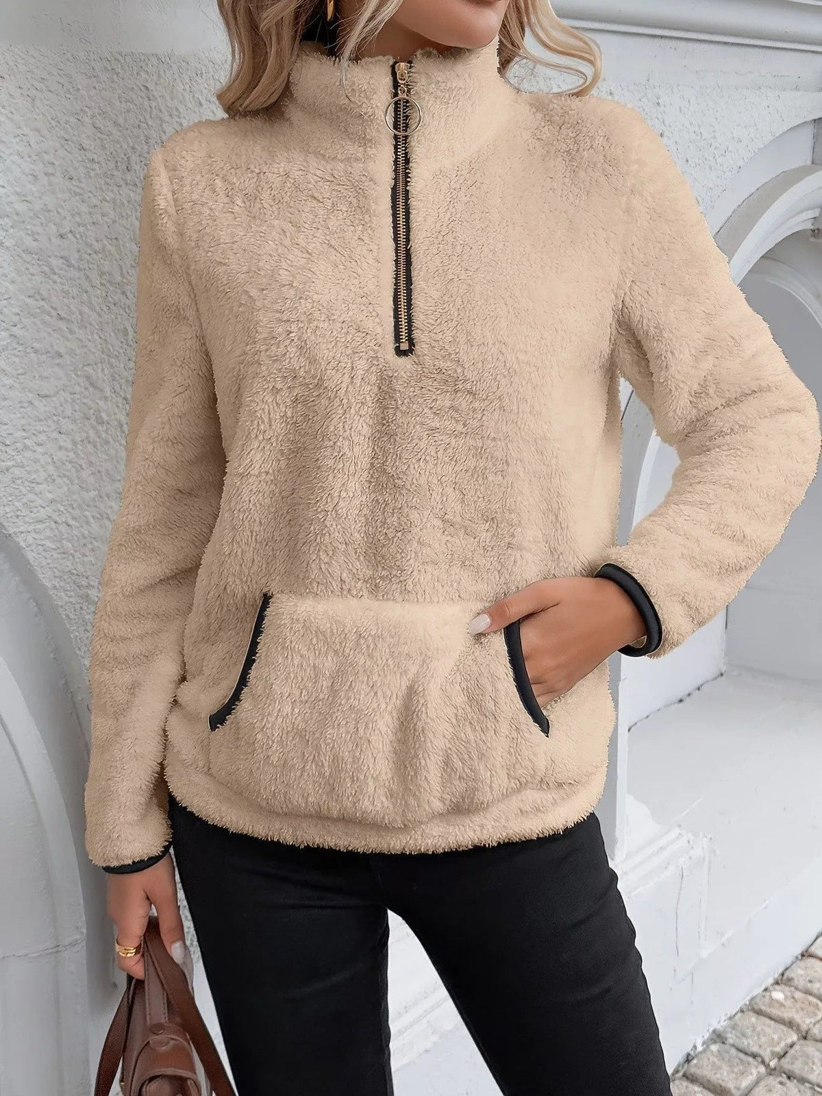 Women's Cozy Half-Zip Fuzzy Sweater for Fall and Winter Everyday Wear Khaki