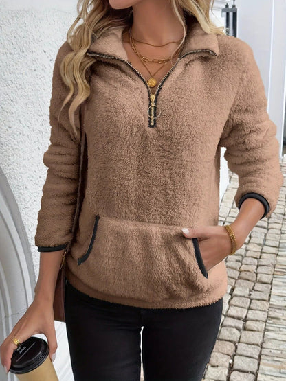 Women's Cozy Half-Zip Fuzzy Sweater for Fall and Winter Everyday Wear Brown