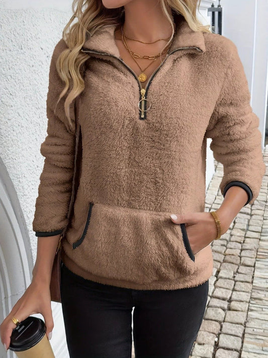 Women's Cozy Half-Zip Fuzzy Sweater for Fall and Winter Everyday Wear Brown