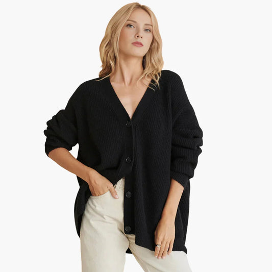 Women's Cozy Ribbed Knit Cardigan for Fall and Winter Everyday Wear Black