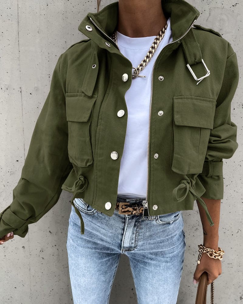 Women's Cropped Button-Down Utility Jacket for Daily Use Army