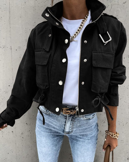 Women's Cropped Button-Down Utility Jacket for Daily Use Black