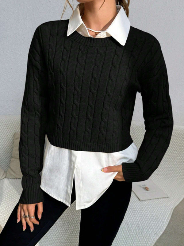 Women's Cropped Cable Knit Sweater for Fall and Winter Everyday Wear Black