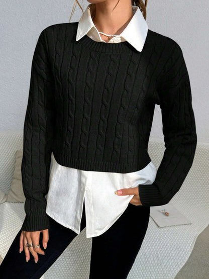 Women's Cropped Cable Knit Sweater for Fall and Winter Everyday Wear Black