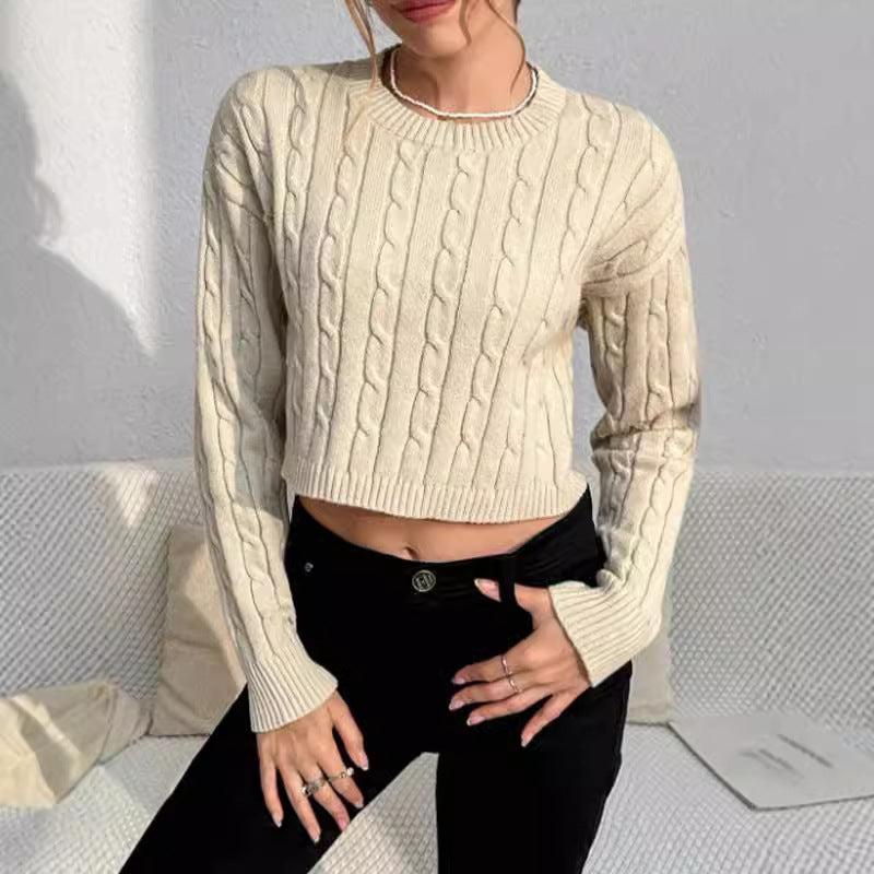 Women's Cropped Cable Knit Sweater for Fall and Winter Everyday Wear Khaki