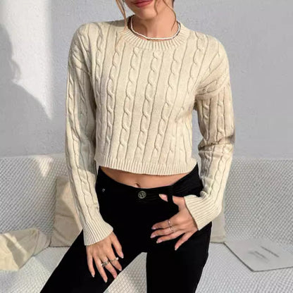 Women's Cropped Cable Knit Sweater for Fall and Winter Everyday Wear Khaki