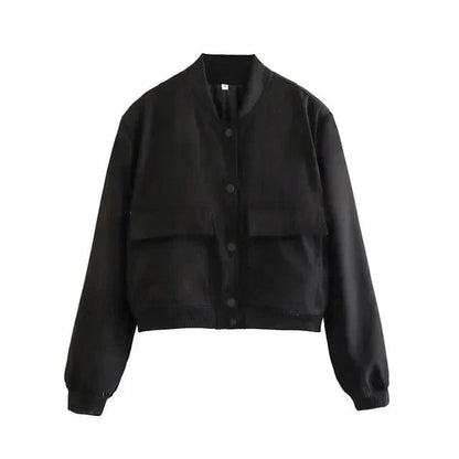 Women's Cropped Casual Bomber Jacket for Fall and Winter Everyday Wear Black