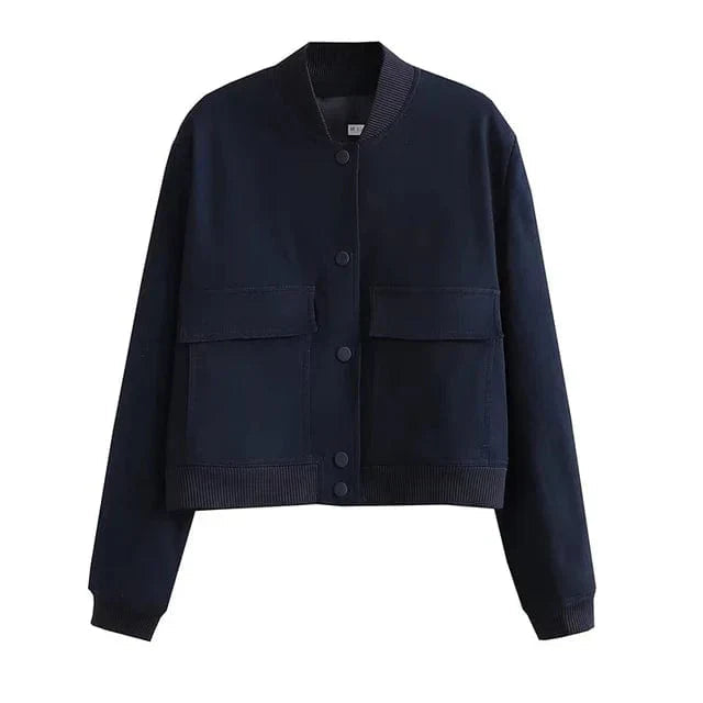 Women's Cropped Casual Bomber Jacket for Fall and Winter Everyday Wear Navy