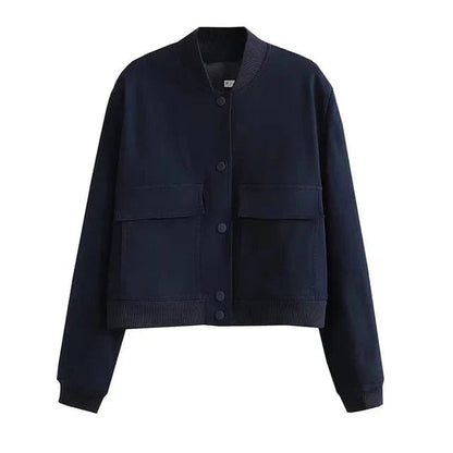 Women's Cropped Casual Bomber Jacket for Fall and Winter Everyday Wear Navy